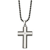 Chisel Stainless Steel Polished Black IP-plated Edges with CZ Cross  Pendant on a 30 inch Ball Chain Necklace